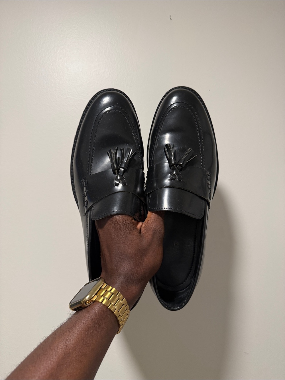 Men's Black Leather Tassel Slip-On Loafers